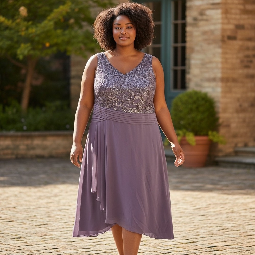 Alex Evenings Icy Orchid Sequin Lace Chiffon Cocktail Dress 14 81171626